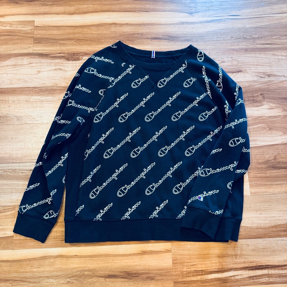 Champion All Over Logo Black Crewneck Sweatshirt - Picture 3 of 4